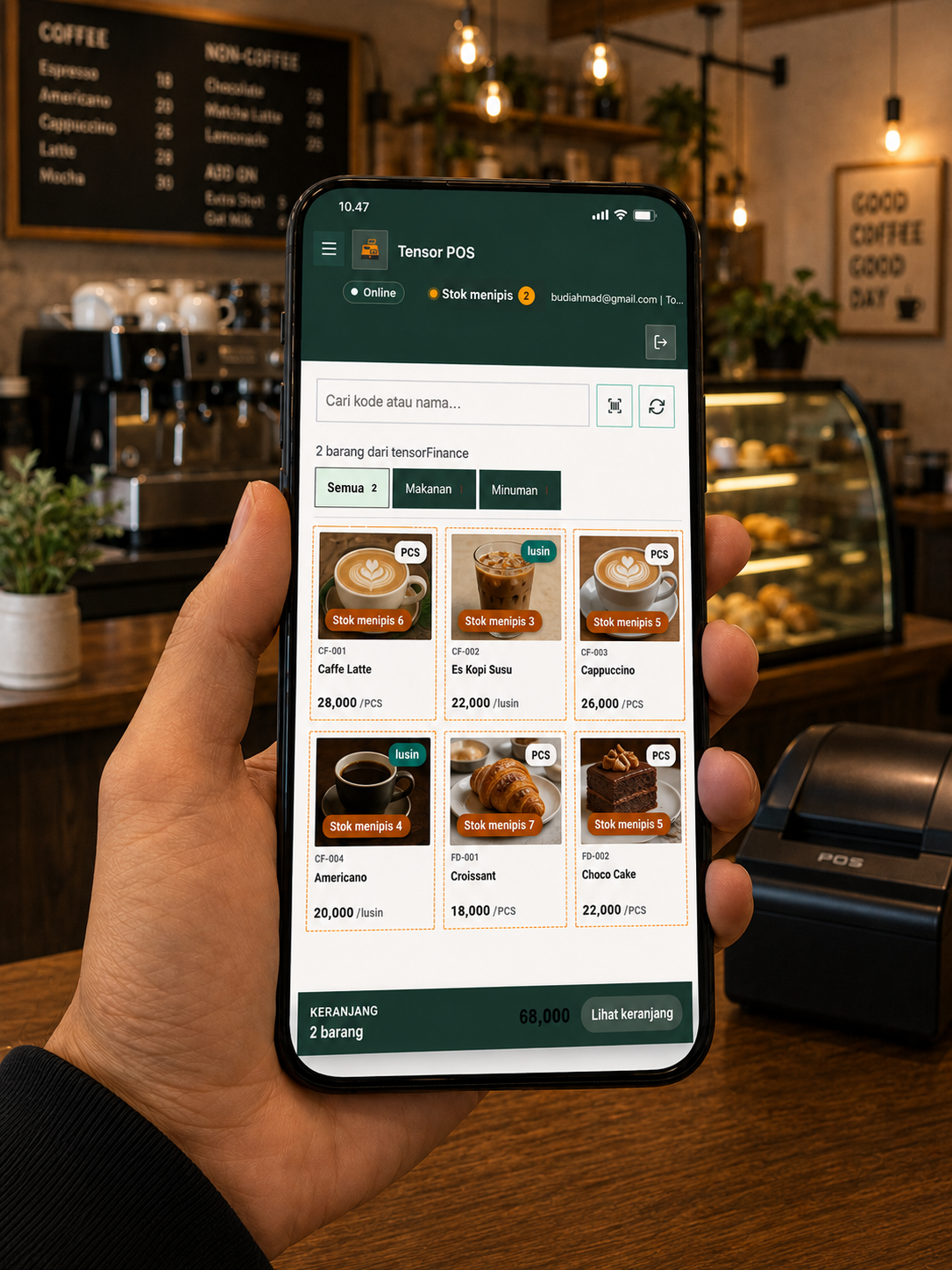 Tensor POS coffee shop pada ponsel
