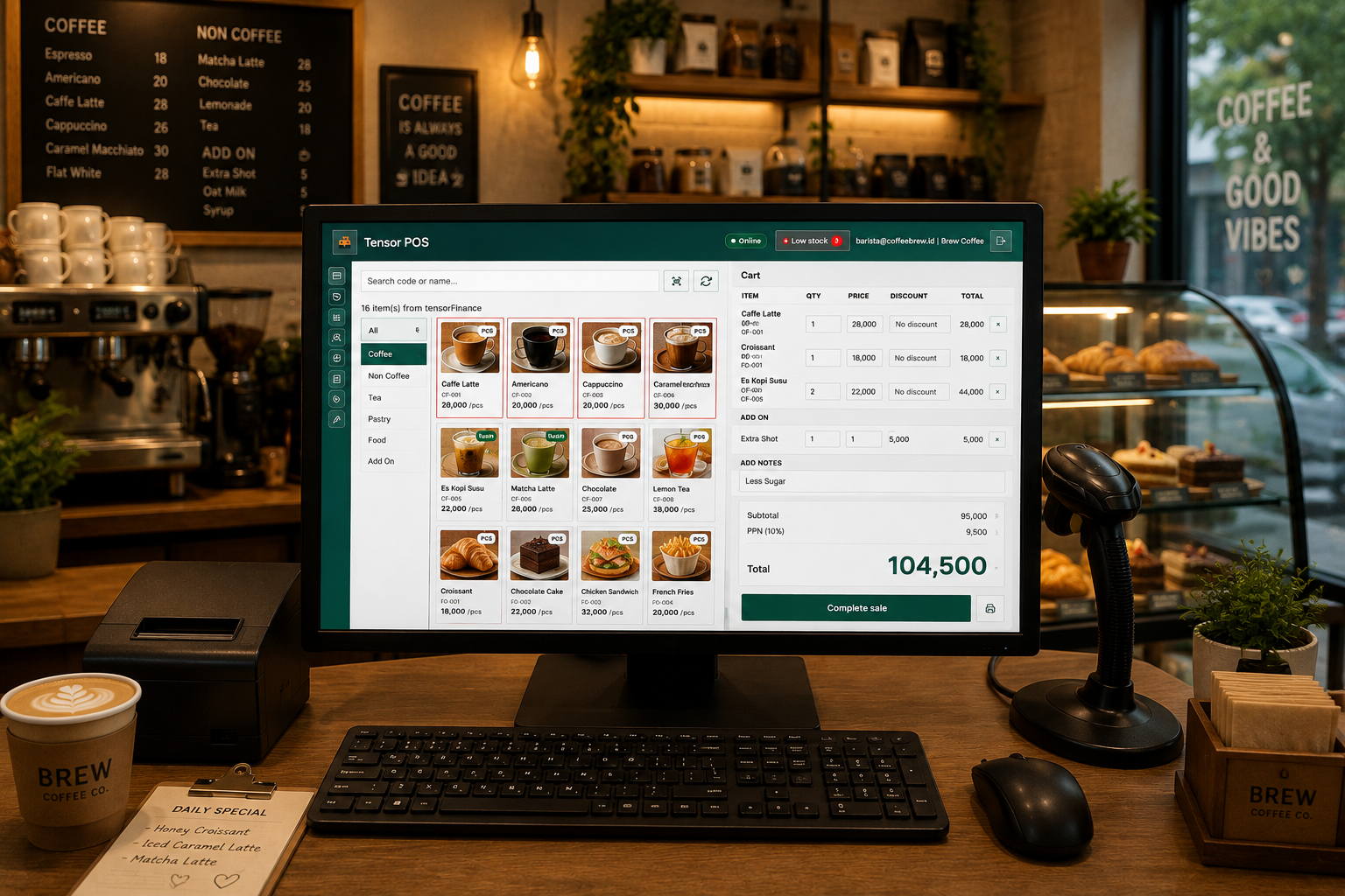 Tensor POS pada layar kasir coffee shop