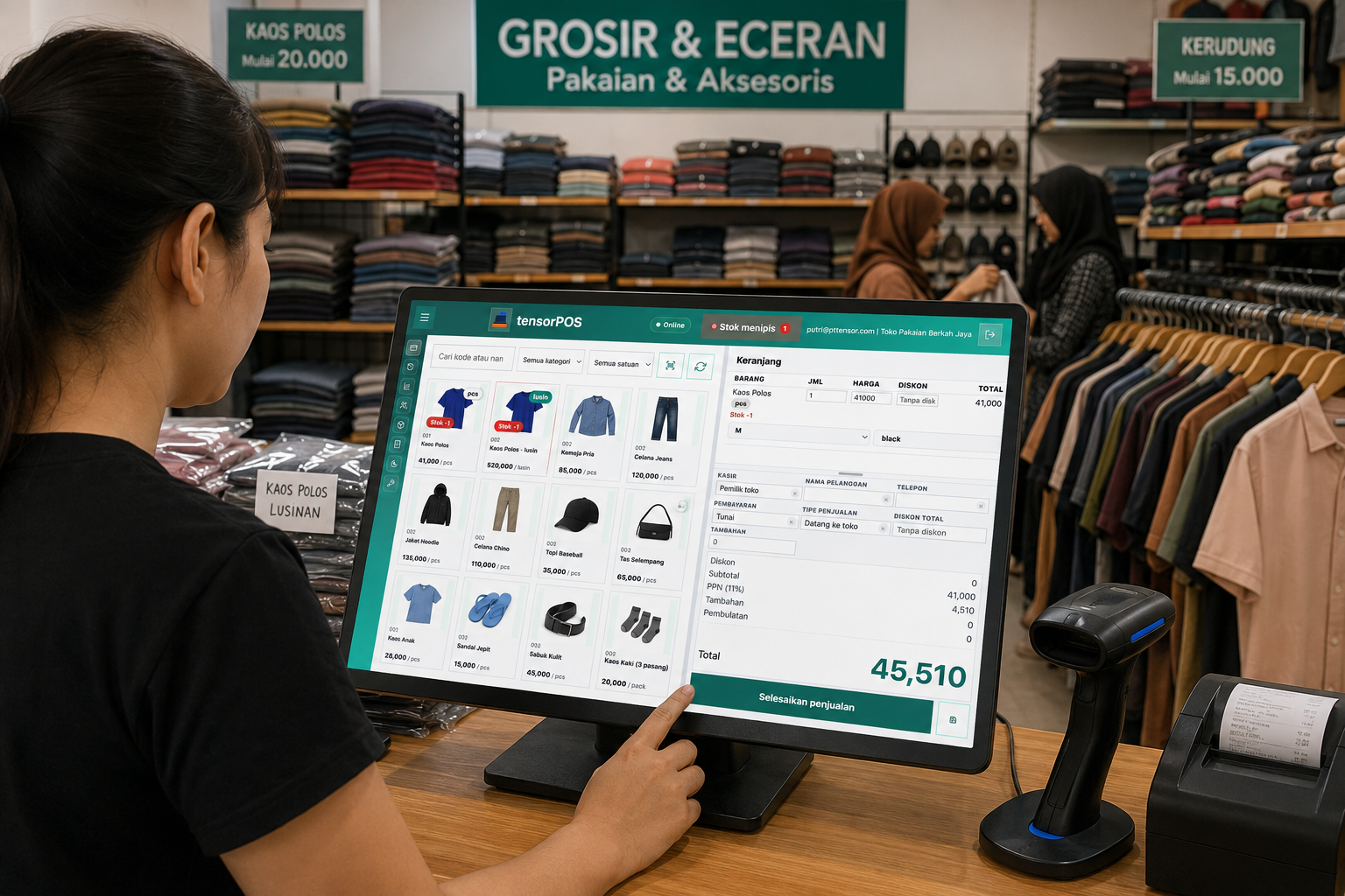 Tensor POS pada komputer kasir pakaian dan aksesoris