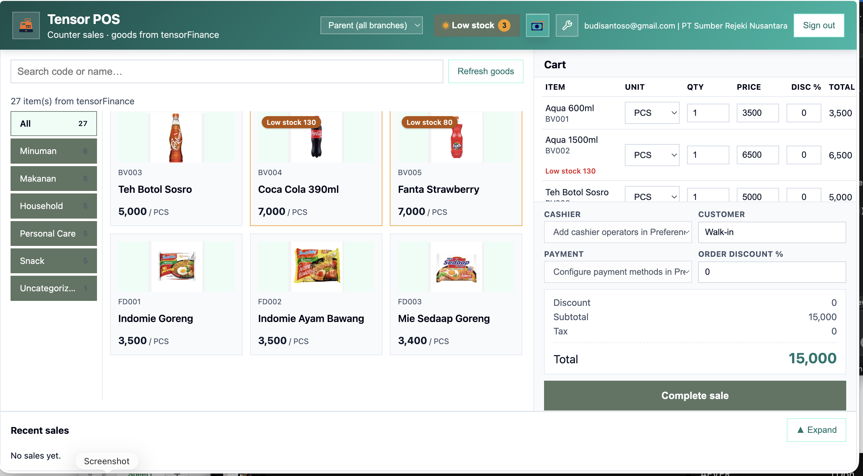 Layar kasir Tensor POS dengan katalog dan keranjang