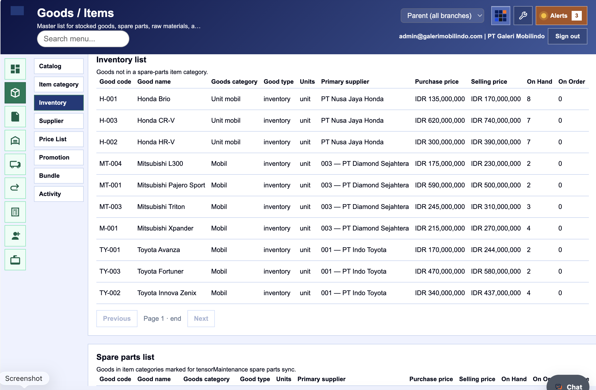Product catalog and warehouse stock